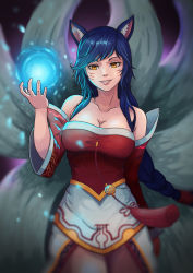 Rule 34 | 1girl, ahri (league of legends), animal ears, bare shoulders, black hair, breasts, cleavage, detached sleeves, emubi, facial mark, fox ears, fox tail, highres, korean clothes, large breasts, league of legends, lips, long hair, multiple tails, slit pupils, solo, tail, whisker markings, yellow eyes