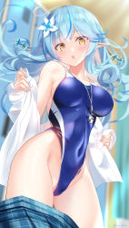 Rule 34 | 1girl, :o, ahoge, blue hair, blue nails, blush, breasts, cameltoe, cleavage, colored tips, competition swimsuit, covered navel, elf, flower, hair between eyes, hair flower, hair ornament, heart, heart ahoge, highleg, highleg swimsuit, highres, hololive, large breasts, long hair, long sleeves, looking at viewer, mizuno kurage, multicolored hair, nail polish, one-piece swimsuit, pointy ears, sideboob, skirt, unworn skirt, solo, swimsuit, virtual youtuber, whistle, whistle around neck, yellow eyes, yukihana lamy
