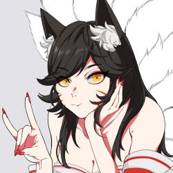 Rule 34 | 1girl, ahri (league of legends), animal ear fluff, animal ears, bare shoulders, black hair, breasts, cleavage, collarbone, detached sleeves, facial mark, fox ears, fox shadow puppet, fox tail, grey background, hand gesture, hands up, highres, hiyari (hiyarilol), large breasts, league of legends, long hair, looking at viewer, nail polish, orange eyes, pout, red nails, solo, tail, vastaya, whisker markings
