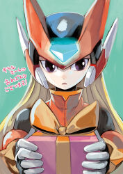Rule 34 | 1boy, android, blonde hair, commentary request, gift, helmet, highres, holding, holding gift, long hair, looking at viewer, male focus, mega man (series), mega man zero (series), purple eyes, sumomo, upper body, zero(z) (mega man), zero (mega man)