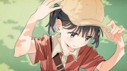 Rule 34 | 1girl, adjusting clothes, adjusting headwear, arms up, baseball cap, black hair, blush, breast pocket, closed mouth, dappled sunlight, day, flask00, from above, grass, hair behind ear, hat, kuraue hinata, looking ahead, orange hat, outdoors, pocket, polo shirt, purple eyes, red shirt, shirt, short sleeves, short twintails, shoulder strap, smile, solo, sunlight, twintails, upper body, yama no susume