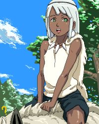 1boy aliasing cloud dark_skin dark-skinned_male gundam looking_at_viewer loran_cehack lowres male_focus mobile_suit_gundam open_mouth outdoors sky tree turn_a_gundam white_hair