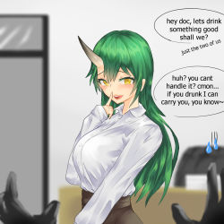 Rule 34 | 1girl, arknights, doctor (arknights), english text, green hair, highres, horn, hoshiguma (arknights), long hair, looking at viewer, najashi, open mouth, pov, pov hands, smile, sweatdrop, teasing, yellow eyes