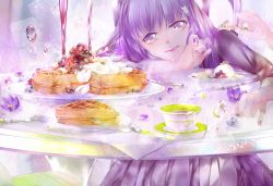 Rule 34 | 1girl, ayakami, bad id, bad pixiv id, berry, butter, cup, dress, flower, food, fork, hair ornament, hairclip, knife, long hair, looking at viewer, nail polish, napkin, original, petals, pink nails, plate, purple dress, purple eyes, purple hair, purple nails, sitting, solo, spoon, table, teacup, waffle, whipped cream