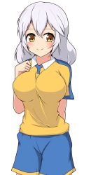 Rule 34 | 1girl, arm behind back, blush, breasts, brown eyes, closed mouth, hair between eyes, hand on own chest, inazuma eleven (game), inazuma eleven (series), inazuma eleven go, large breasts, looking at viewer, multicolored eyes, raimon, raimon soccer uniform, short hair, simple background, soccer uniform, solo, sportswear, white background, white hair, yellow eyes