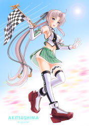 Rule 34 | 1girl, absurdres, adapted costume, ahoge, akitsushima (kancolle), character name, checkered flag, commentary request, flag, full body, green skirt, hair ribbon, highres, kantai collection, long hair, looking at viewer, midriff, pleated skirt, purple eyes, purple hair, race queen, ribbon, rudder footwear, side ponytail, sidelocks, skirt, skypixter, solo, thighhighs, underskirt, white thighhighs
