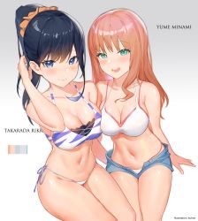 Rule 34 | 2girls, :d, absurdres, animal print, asymmetrical docking, bare arms, bare shoulders, bikini, black hair, blue eyes, blush, breast press, breasts, brown hair, character name, cleavage, collarbone, commentary request, cowboy shot, gradient background, green eyes, grey background, gridman universe, groin, hair ornament, hair scrunchie, hand up, highres, kuhnowushi, large breasts, layered bikini, long hair, looking at viewer, micro shorts, minami yume, mismatched bikini, multiple girls, navel, open fly, open mouth, orange scrunchie, ponytail, revision, scrunchie, shorts, side-tie bikini bottom, smile, ssss.dynazenon, ssss.gridman, stomach, swimsuit, takarada rikka, thighs, tiger print, white background, white bikini