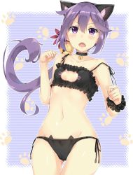 Rule 34 | 10s, 1girl, akebono (kancolle), animal ears, bad id, bad pixiv id, bare shoulders, bell, black panties, blush, breasts, cat cutout, cat ear panties, cat ears, cat lingerie, cleavage cutout, clothing cutout, fang, flat chest, flower, hair bell, hair flower, hair ornament, highres, jingle bell, kantai collection, long hair, looking at viewer, meme attire, navel, nishimi shin, open mouth, panties, purple eyes, purple hair, revision, side-tie panties, side ponytail, solo, strap slip, underwear, underwear only