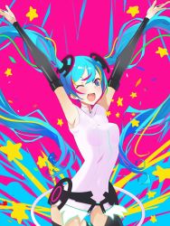 Rule 34 | 1girl, absurdly long hair, aqua eyes, aqua hair, artist name, artist request, bare shoulders, blue eyes, blue hair, breasts, collared shirt, elbow sleeves, female focus, hands up, hatsune miku, highres, long hair, mako att, one eye closed, parted lips, shirt, small breasts, smile, solo, twintails, very long hair, vocaloid, white shirt