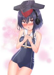 Rule 34 | 10s, 1girl, absurdres, asymmetrical hair, black hair, blush, brown eyes, framed breasts, gloves, gluteal fold, hair between eyes, hand on own chest, hat, headphones, highres, i-13 (kancolle), kantai collection, kuraudo, looking at viewer, open mouth, sailor collar, school swimsuit, short hair, solo, swimsuit