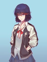 Rule 34 | 1girl, black hair, blue background, blue eyes, blue skirt, closed mouth, collared shirt, commentary request, hair between eyes, hands in pockets, highres, jinkkap, kill la kill, lips, long hair, matoi ryuuko, multicolored hair, neck ribbon, pleated skirt, red hair, red ribbon, ribbon, shirt, short hair, simple background, skirt, solo, standing, two-tone hair, wing collar