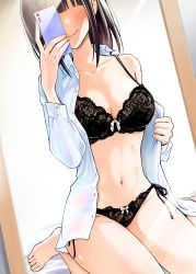 Rule 34 | 1girl, black bra, black hair, black panties, blunt bangs, blush, bra, breasts, cellphone, cleavage, collared shirt, commentary, commentary request, dojirou, dress shirt, highres, holding, holding clothes, holding phone, holding shirt, large breasts, mirror, navel, original, panties, phone, selfie, shirt, sidelocks, sitting, smartphone, smile, stomach, text messaging, thighs, translation request, underwear, wariza, white shirt
