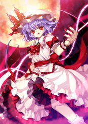 Rule 34 | 1girl, ascot, bat wings, blue hair, blush, bow, capura lin, female focus, hat, hat ribbon, moon, nail polish, night, open mouth, puffy sleeves, red eyes, remilia scarlet, ribbon, short hair, short sleeves, skirt, smile, solo, spear the gungnir, touhou, wings