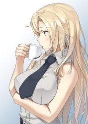 Rule 34 | 1girl, belt buckle, black necktie, blonde hair, blouse, breasts, buckle, coffee, cup, drinking, highres, hornet (kancolle), kantai collection, large breasts, long hair, mug, necktie, negahami, shirt, sleeveless, sleeveless shirt, solo