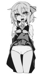 Rule 34 | 1girl, blush, bow, clothes lift, collared shirt, cowboy shot, cropped legs, fangs, gluteal fold, greyscale, hair between eyes, hair bow, lifted by self, long sleeves, looking at viewer, monochrome, nose blush, open mouth, panties, rumia, shamo (koumakantv), shirt, simple background, skirt, skirt lift, skirt set, solo, touhou, underwear, white background