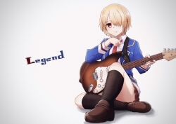 Rule 34 | 1girl, absurdres, black socks, blonde hair, blue jacket, brown footwear, brown skirt, commentary request, english text, full body, guitar, hair over one eye, heaven burns red, highres, holding, holding instrument, instrument, jacket, kayamori ruka, kneehighs, koukoutou (seikoutoutei), loafers, long sleeves, looking at viewer, necktie, one eye covered, open clothes, open jacket, parted lips, plaid, plaid skirt, pleated skirt, red eyes, red necktie, school uniform, shoes, short hair, sitting, skirt, sleeve cuffs, socks, solo, white background