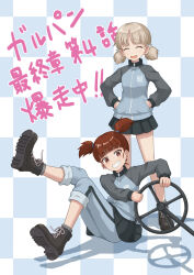 Rule 34 | 2girls, absurdres, aki (girls und panzer), ankle boots, blue background, blue footwear, blue jacket, blue pants, blue skirt, blunt bangs, boots, checkered background, closed eyes, commentary, facing viewer, girls und panzer, girls und panzer saishuushou, green eyes, grey socks, grin, hair tie, hands in pockets, hands on own hips, highres, holding, jacket, keizoku military uniform, leg up, light brown hair, long sleeves, looking at viewer, low twintails, mikko (girls und panzer), military uniform, miniskirt, multiple girls, open mouth, pants, pants rolled up, pants under skirt, pleated skirt, qgkmn541, raglan sleeves, red eyes, red hair, shadow, short hair, short twintails, sitting, skirt, smile, socks, standing, steering wheel, track jacket, track pants, translated, twintails, uniform