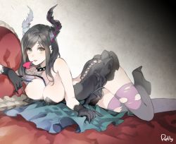 Rule 34 | 1girl, bad id, bad pixiv id, black dress, black eyes, black gloves, black hair, blush, breasts, chain, collar, demon girl, dress, ear piercing, gloves, heart, high heels, horns, large breasts, looking at viewer, lying, nipples, on stomach, open mouth, piercing, purple thighhighs, relly, short hair, slave, smile, solo, spiked collar, spikes, thighhighs, torn clothes, torn thighhighs