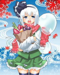 Rule 34 | 1girl, autumn leaves, bag, black hairband, black thighhighs, blue eyes, blush, bob cut, cowboy shot, eggplant, female focus, food, gengorou, groceries, hairband, hitodama, konpaku youmu, konpaku youmu (ghost), leaf, looking at viewer, maple leaf, open mouth, paper bag, pink scarf, ribbon, scarf, short hair, skirt, skirt set, solo, spring onion, standing, striped clothes, striped scarf, sweet potato, thighhighs, touhou, vegetable, white hair, zettai ryouiki