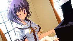 Rule 34 | 1girl, blush, breasts, fortissimo//akkord:bsusvier, game cg, instrument, looking at viewer, ooba kagerou, piano, pink eyes, playing, purple hair, school uniform, short hair, sitting, smile, solo, sunlight, window, wink