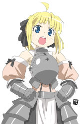 Rule 34 | 00s, 1girl, ahoge, armor, armored dress, artoria pendragon (all), artoria pendragon (fate), bad id, bad pixiv id, blonde hair, blue eyes, capcom, dress, fate/stay night, fate/unlimited codes, fate (series), hands on own hips, highres, nagian, saber (fate), saber lily, simple background, solo