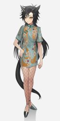 Rule 34 | 1girl, air shakur (umamusume), animal ears, antenna hair, black hair, blue dress, china dress, chinese clothes, commentary request, dress, ear piercing, fishnet pantyhose, fishnets, floral print, full body, grey footwear, hand on own hip, highres, horse ears, horse girl, horse tail, long hair, looking away, looking to the side, pantyhose, piercing, print dress, short sleeves, solo, standing, tail, tan (inka), umamusume, v-shaped eyebrows, very long hair, yellow eyes