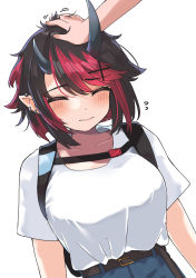 Rule 34 | 1girl, 1other, nanashi inc., absurdres, alternate costume, belt, black hair, blue pants, blush, breasts, brown belt, closed eyes, closed mouth, commentary request, demon girl, demon horns, dutch angle, ear piercing, hair between eyes, headpat, highres, horns, large breasts, multicolored hair, pants, piercing, pointy ears, red hair, ryugasaki rene, shirt, shirt tucked in, short hair, simple background, solo focus, sugar lyric, two-tone hair, upper body, virtual youtuber, white background, white shirt, zono (inokura syuzo029)