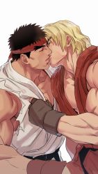 Rule 34 | 2boys, absurdres, bara, black hair, blonde hair, collarbone, couple, dougi, feet out of frame, fingerless gloves, forked eyebrows, from side, gloves, headband, highres, ken masters, kiss, large pectorals, male focus, multiple boys, muscular, muscular male, pectoral cleavage, pectorals, red shirt, ryu (street fighter), shirt, shirt grab, short hair, sideburns, sleeveless, street fighter, thick eyebrows, torn clothes, torn sleeves, unfinished, white shirt, yaoi, yuiofire