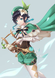 Rule 34 | 1boy, absurdres, androgynous, argyle, argyle clothes, argyle legwear, beret, black hair, blue hair, bow, braid, brooch, cape, collared cape, collared shirt, corset, feathers, flower, frilled sleeves, frills, gem, genshin impact, gradient hair, green eyes, green hat, green shorts, grey background, hair flower, hair ornament, hat, highres, holding, holding instrument, instrument, jewelry, leaf, long sleeves, looking at viewer, lyre, male focus, multicolored hair, musical note, open mouth, pantyhose, pinwheel, shirt, short hair with long locks, shorts, simple background, smile, solo, tatty, teeth, twin braids, venti (genshin impact), vision (genshin impact), white flower, white pantyhose, white shirt