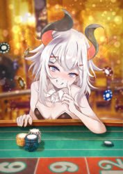 Rule 34 | 1girl, absurdres, bad id, bad pixiv id, bare shoulders, blue eyes, blush, casino, commentary, demon girl, demon horns, grin, hair between eyes, hair ornament, hairclip, highres, horns, index finger raised, kazanock, leotard, levi elipha, looking at viewer, nijisanji, nose blush, playboy bunny, roulette table, short hair, sleeveless, smile, solo, table, upper body, virtual youtuber, white hair