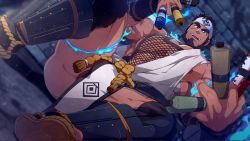 Rule 34 | 1boy, abs, bara, beard, black hair, blue fire, bulge, facial hair, facial scar, fire, fishnet top, fishnets, forehead protector, highres, holding, holding scroll, large pectorals, looking at viewer, male focus, mazjojo, muscular, muscular male, ninja, nipples, open mouth, paid reward available, pectorals, paid reward available, sandayu (housamo), scar, scar on cheek, scar on face, scroll, short hair, sitting, smile, solo, thick thighs, thighs, tokyo houkago summoners