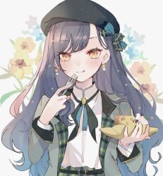 Rule 34 | 1girl, asagimu (tsuktsuk), belt, belt buckle, beret, black belt, black hair, black hat, blue sky, blush, buckle, commentary, earrings, english commentary, floral background, flower, fork, french kiss, gradient eyes, hat, holding, holding fork, jewelry, kiss, lapels, long hair, long sleeves, looking at viewer, mixed-language commentary, multicolored eyes, multicolored hair, notched lapels, official alternate costume, orange hair, project sekai, shiraishi an, sky, solo, two-tone hair, upper body, vivid bad squad (project sekai), yellow flower