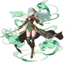 Rule 34 | 1girl, aqua eyes, aqua hair, ark order, artist request, azure dragon (ark order), black cape, black gloves, black thighhighs, boots, bow, breasts, cape, clothing cutout, dragon, dress, expressionless, full body, gloves, green dress, green footwear, highres, holding, holding sword, holding weapon, large breasts, long hair, long sleeves, looking at viewer, navel, navel cutout, official art, red bow, red ribbon, ribbon, shoulder cutout, sidelocks, solo, sword, tachi-e, thigh boots, thighhighs, transparent background, very long hair, waist cape, weapon, wind