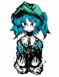 Rule 34 | 1girl, bad id, bad pixiv id, black eyes, evil smile, eyebrows, f7(eiki), green hat, green jacket, hat, jacket, jewelry, kawashiro nitori, key, looking at viewer, necklace, pendant, simple background, smile, solo, thick eyebrows, touhou, tsurime, two side up, upper body, white background