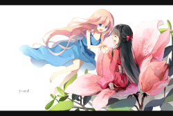 Rule 34 | 2girls, :d, bison cangshu, black hair, blue dress, bow, dress, closed eyes, flower, hair bow, hair ornament, hair ribbon, holding hands, japanese clothes, kimono, letterboxed, long hair, multiple girls, open mouth, original, pink hair, ribbon, sitting, smile, very long hair