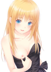 Rule 34 | 1girl, bad id, bad pixiv id, bare shoulders, black dress, blonde hair, blue eyes, blush, breasts, clothes pull, collarbone, dress, dress pull, highres, long hair, looking at viewer, n.g., nipples, no bra, open mouth, original, pulling own clothes, simple background, small breasts, smile, solo, strapless, strapless dress