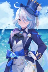 Rule 34 | 1girl, absurdres, ahoge, ascot, blue ascot, blue eyes, blue hat, blue jacket, blue sky, brooch, cloud, commentary request, cowboy shot, day, furina (genshin impact), genshin impact, gloves, hand on own hip, hat, highres, jacket, jewelry, lingshalan, long hair, long sleeves, ocean, shirt, sky, solo, standing, top hat, very long hair, water, white gloves, white hair, white shirt