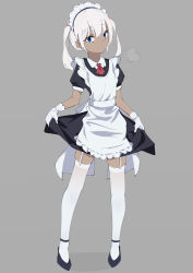 Rule 34 | 1girl, apron, bad id, bad pixiv id, blue eyes, dark-skinned female, dark skin, full body, garter straps, gloves, highres, looking at viewer, maid, maid apron, maid headdress, original, skindentation, solo, thighhighs, twintails, unimon e, white gloves, white hair, white thighhighs