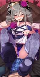 Rule 34 | 1boy, 1girl, :p, absurdres, bare shoulders, blush, breasts, bulge, clothes lift, covered erect nipples, crown, dress, dress lift, drill hair, floral print, grey hair, hair between eyes, half-closed eyes, hetero, highres, idolmaster, idolmaster cinderella girls, kanzaki ranko, lifting own clothes, long hair, looking at viewer, mary janes, morino shoutarou, panties, pov, purple panties, purple thighhighs, shoes, smile, thighhighs, tongue, tongue out, twin drills, underwear