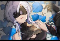 Rule 34 | 10h (nier reincarnation), 1girl, bare shoulders, black blindfold, black gloves, blindfold, blue leaf, breasts, cleavage cutout, clothing cutout, gloves, highres, letterboxed, long hair, lying, medium breasts, mile t0r0, mole, mole under mouth, nier (series), nier reincarnation, on back, open mouth, sleeveless, solo, white hair