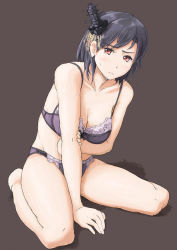 Rule 34 | 10s, 1girl, bare legs, bare shoulders, barefoot, black hair, blush, bra, collarbone, full body, hair ornament, kantai collection, lace, lace-trimmed bra, lace trim, lingerie, long hair, looking at viewer, panties, purple bra, purple panties, red eyes, short hair, sitting, solo, underwear, underwear only, vent arbre, very long hair, wariza, yamashiro (kancolle)