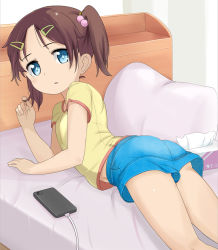 Rule 34 | 1girl, bed, blue eyes, blue shorts, cellphone, charging, child, female focus, hair bobbles, hair ornament, hairclip, looking at viewer, lying, on bed, on stomach, original, parted lips, phone, pillow, playing with own hair, short shorts, shorts, smartphone, solo, tamakorogashi, tissue, tissue box, twintails