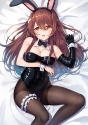 Rule 34 | 1girl, absurdres, animal ears, arm under breasts, bare shoulders, black gloves, blush, bow, bowtie, breasts, bridal garter, brown eyes, brown hair, brown pantyhose, cleavage, detached collar, elbow gloves, fake animal ears, gloves, hair between eyes, hand up, highres, idolmaster, idolmaster shiny colors, large breasts, latex, leotard, long hair, looking at viewer, lying, on back, open mouth, osaki tenka, pantyhose, playboy bunny, rabbit ears, rabbit tail, rangen, single elbow glove, solo, tail, thighs, wavy mouth, wrist cuffs