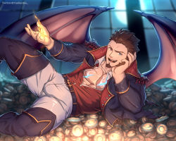 Rule 34 | 1boy, alternate costume, bara, bat wings, blue eyes, boots, brown hair, bulge, cross scar, demon boy, epaulettes, facial hair, fate/grand order, fate (series), feet out of frame, full moon, goatee, halloween, halloween costume, heterochromia, highres, jacket, leather, leather boots, long sideburns, long sleeves, lying, male focus, military, military uniform, monsterification, moon, muscular, muscular male, napoleon bonaparte (fate), on side, open clothes, pants, partially unbuttoned, pectoral cleavage, pectorals, red eyes, scar, scar on chest, short hair, sideburns, solo, thick thighs, thigh boots, thighhighs, thighs, uniform, vampire costume, white pants, wings, yaekaidou