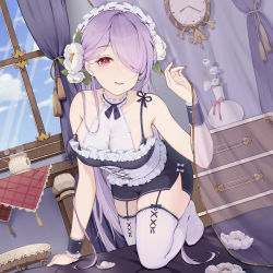 Rule 34 | 1girl, bed, chair, clock, cup, curtains, daichengqi, flower, happy, highres, maid, maid headdress, one eye covered, pink ribbon, purple hair, red eyes, ribbon, see-through, table, thighhighs, vase, white flower, white thighhighs, window