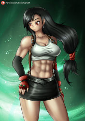 Rule 34 | 1girl, bare shoulders, belt, black hair, black skirt, breasts, brown eyes, closed mouth, collarbone, cowboy shot, detached sleeves, earrings, final fantasy, final fantasy vii, fingerless gloves, gloves, hands on own hips, highres, jewelry, large breasts, long hair, low-tied long hair, midriff, miniskirt, muscular, muscular female, navel, patreon logo, patreon username, pencil skirt, rokumaruart, shirt, signature, skirt, smile, solo, standing, stomach, suspender skirt, suspenders, swept bangs, tank top, taut clothes, taut shirt, tifa lockhart, toned, very long hair, watermark