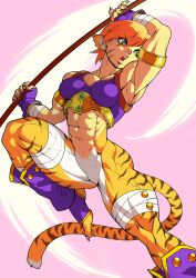 Rule 34 | 1girl, animal ears, bandages, breasts, breath of fire, breath of fire ii, capcom, fighting stance, fingerless gloves, gloves, jewelry, katt, kicking, medium breasts, muscular, muscular female, pokkuti, polearm, rinpoo chuan, scar, short hair, slit pupils, solo, tank top, weapon