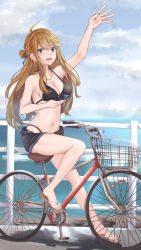 Rule 34 | 1girl, absurdres, ahoge, bicycle, bikini, bikini under clothes, black bikini, blue eyes, breasts, brown hair, cellphone, cleavage, earrings, full body, highres, holding, holding phone, idolmaster, idolmaster million live!, izuminnu, jewelry, long hair, looking at viewer, medium breasts, nail polish, navel, necklace, ocean, open mouth, phone, riding, riding bicycle, road, sandals, shorts, sketch, smartphone, smile, solo, swept bangs, swimsuit, swimsuit under clothes, toenail polish, toenails, tokoro megumi, waving
