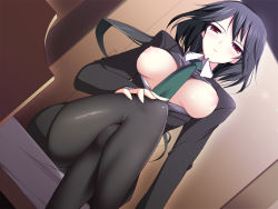 Rule 34 | 10s, 1girl, black bra, black hair, black skirt, black suit, blush, bra, bra lift, breasts, breasts out, collared shirt, crossed legs, dutch angle, formal, indoors, infinite stratos, large breasts, legs, long hair, long sleeves, looking at viewer, necktie, nipples, open clothes, orimura chifuyu, pantyhose, ponytail, red eyes, serious, shirt, sitting, skirt, solo, suit, thighs, underwear