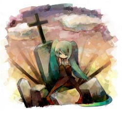 Rule 34 | 1girl, cross, detached sleeves, female focus, grave, haru (oomr005), hatsune miku, highres, outdoors, sitting, sky, solo, tombstone, vocaloid, white background